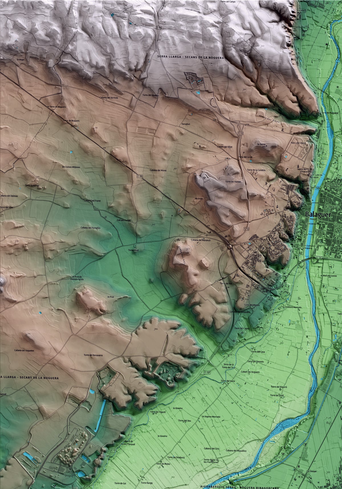 Mapa artístico del relieve de Vallfogona de Balaguer, a la Noguera, con 15 km de entorno y base topográfica ICGC. Detalle de la zona superior izquierda.