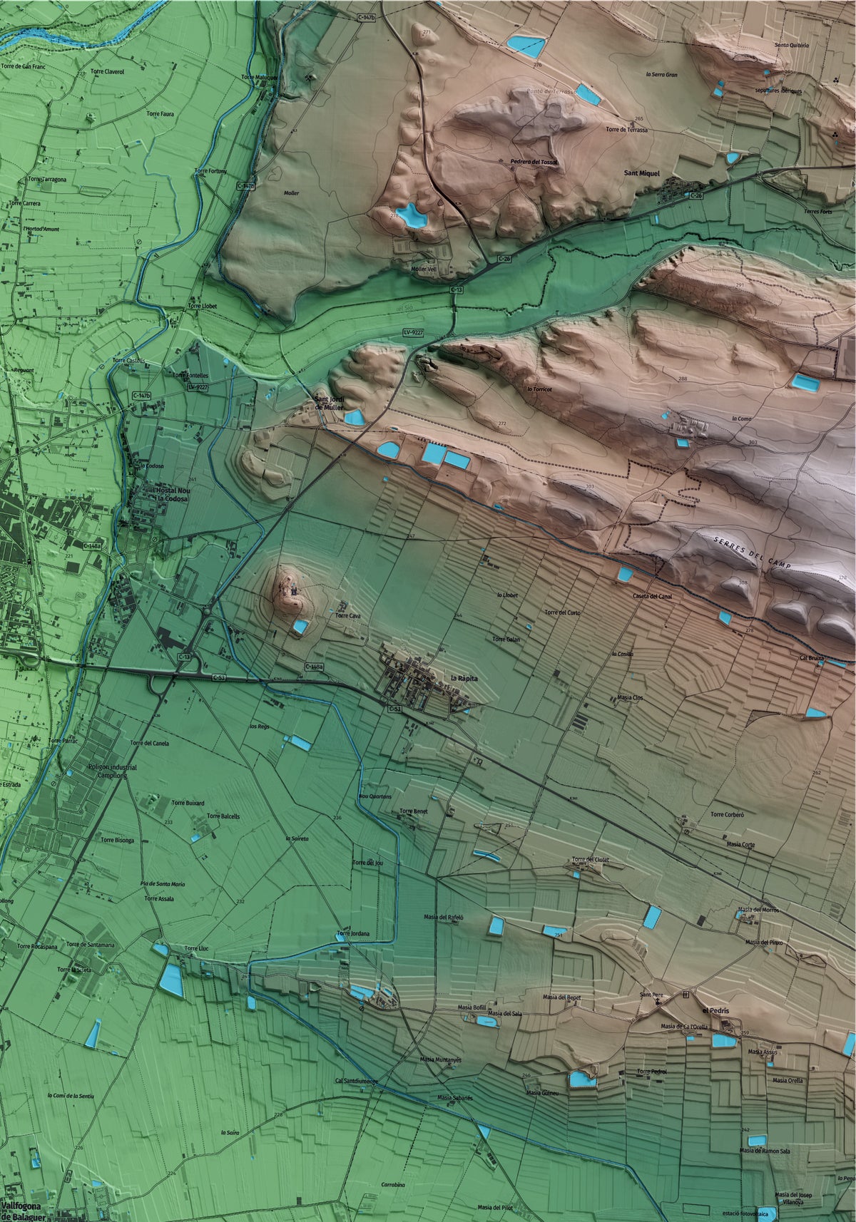 Mapa artístico del relieve de Vallfogona de Balaguer, a la Noguera, con 15 km de entorno y base topográfica ICGC. Detalle de la zona superior derecha.