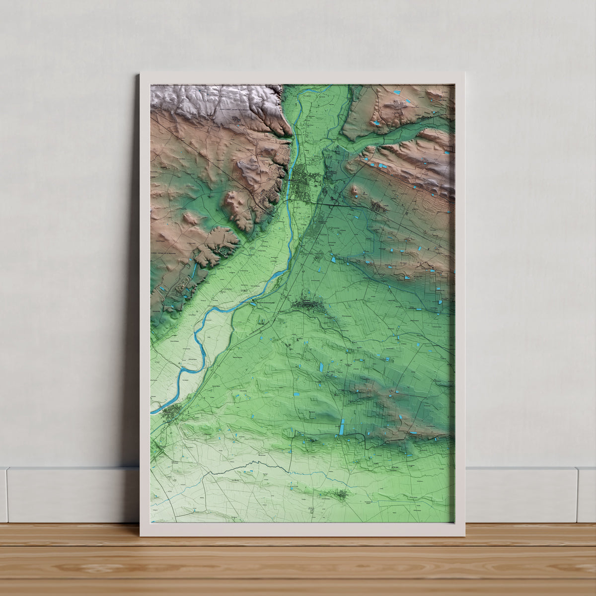 Mapa artístico del relieve de Vallfogona de Balaguer, a la Noguera, con 15 km de entorno y base topográfica ICGC. Presentación enmarcada.