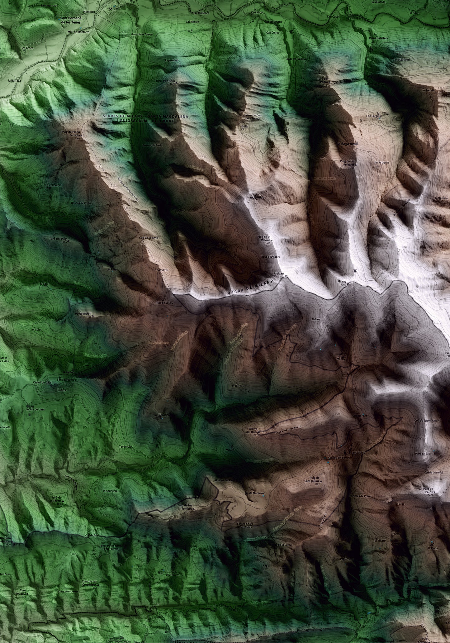 Mapa artístico del relieve de Vallfogona de Ripollès, al Ripollès, con 15 km de entorno y base topográfica ICGC. Detalle de la zona inferior izquierda.