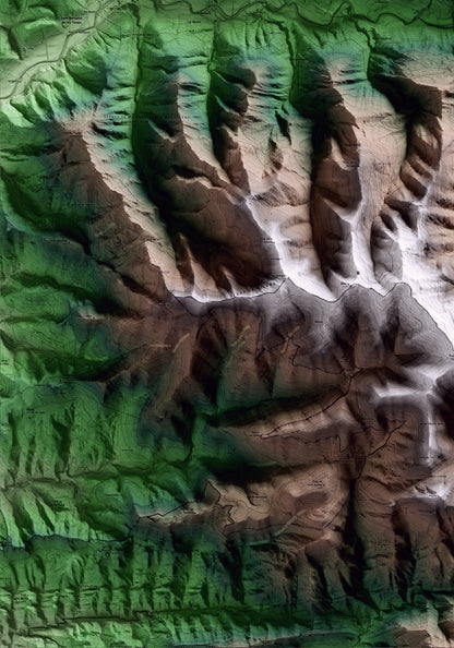 Mapa artístico del relieve de Vallfogona de Ripollès, al Ripollès, con 15 km de entorno y base topográfica ICGC. Detalle de la zona inferior izquierda.