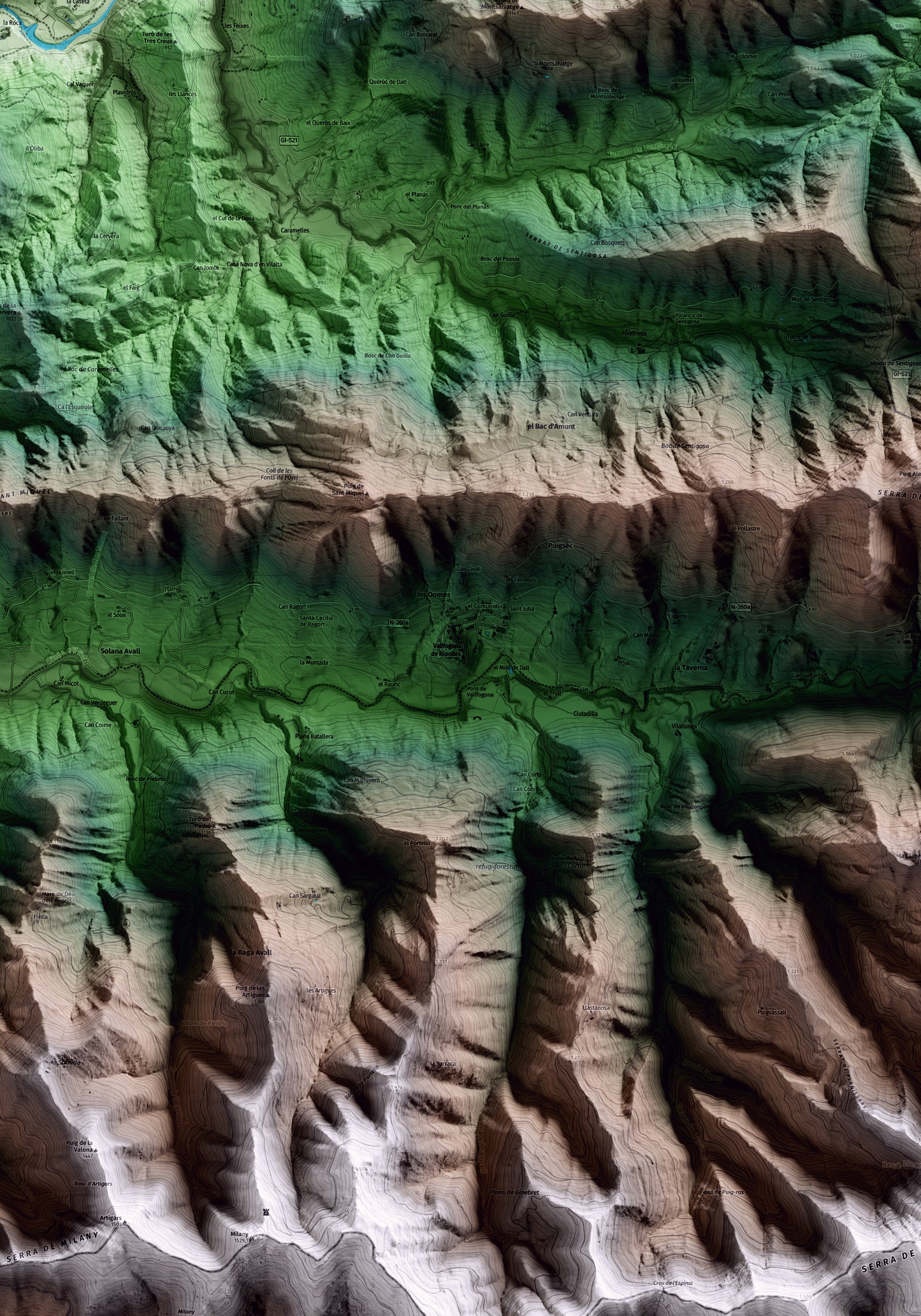 Mapa artístico del relieve de Vallfogona de Ripollès, al Ripollès, con 15 km de entorno y base topográfica ICGC. Detalle de la zona central.