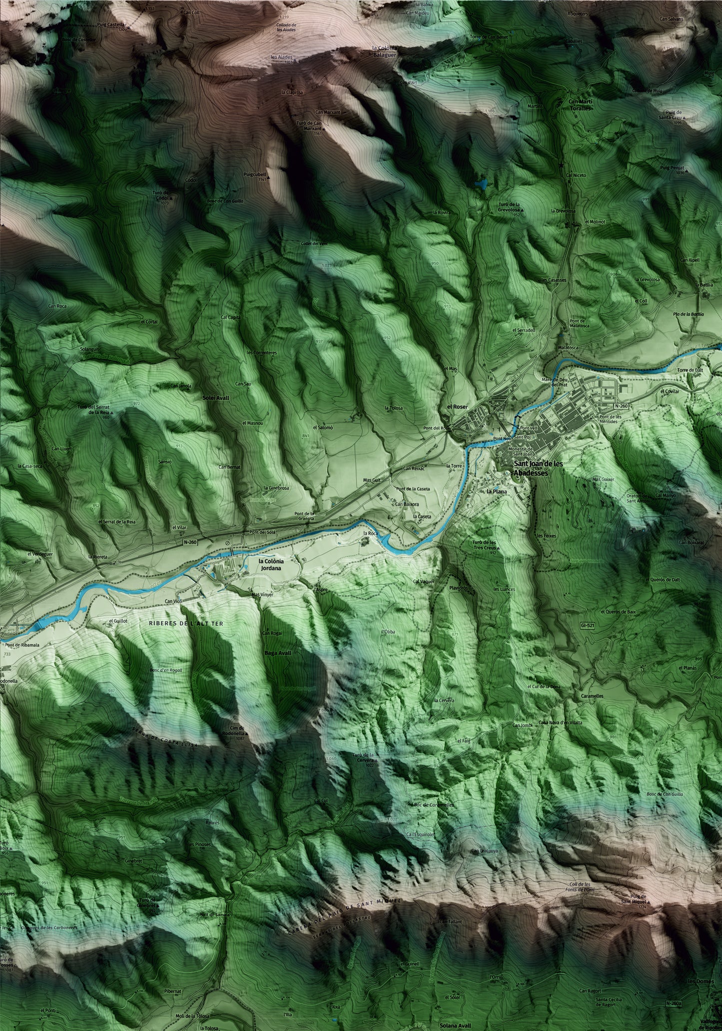 Mapa artístico del relieve de Vallfogona de Ripollès, al Ripollès, con 15 km de entorno y base topográfica ICGC. Detalle de la zona superior izquierda.