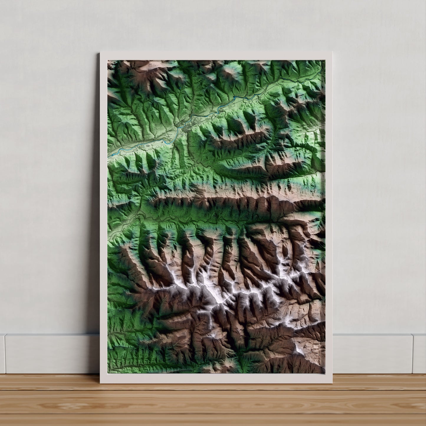 Mapa artístico del relieve de Vallfogona de Ripollès, al Ripollès, con 15 km de entorno y base topográfica ICGC. Presentación enmarcada.