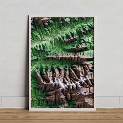 Mapa artístico del relieve de Vallfogona de Ripollès, al Ripollès, con 15 km de entorno y base topográfica ICGC. Presentación enmarcada.