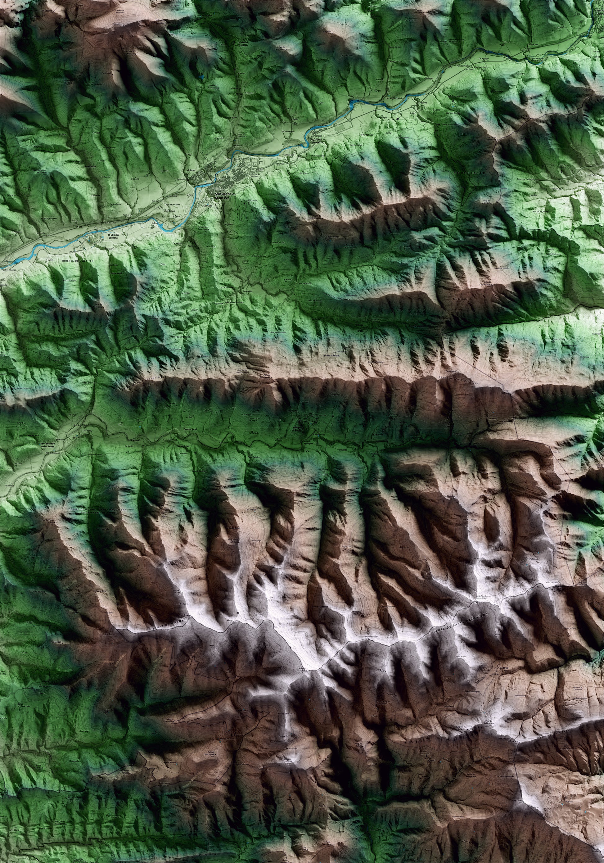 Mapa artístico del relieve de Vallfogona de Ripollès, al Ripollès, con 15 km de entorno y base topográfica ICGC