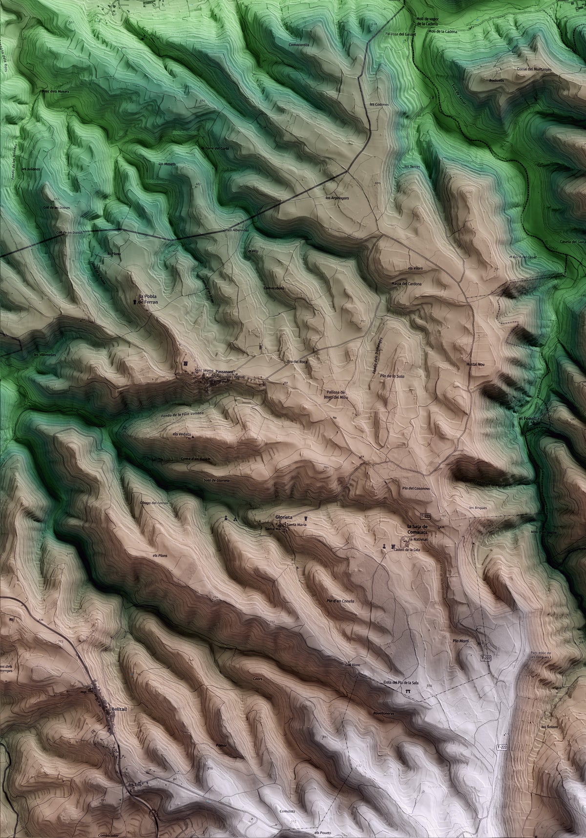 Mapa artístico del relieve de Vallfogona de Riucorb, a la Conca de Barberà, con 15 km de entorno y base topográfica ICGC. Detalle de la zona inferior izquierda.