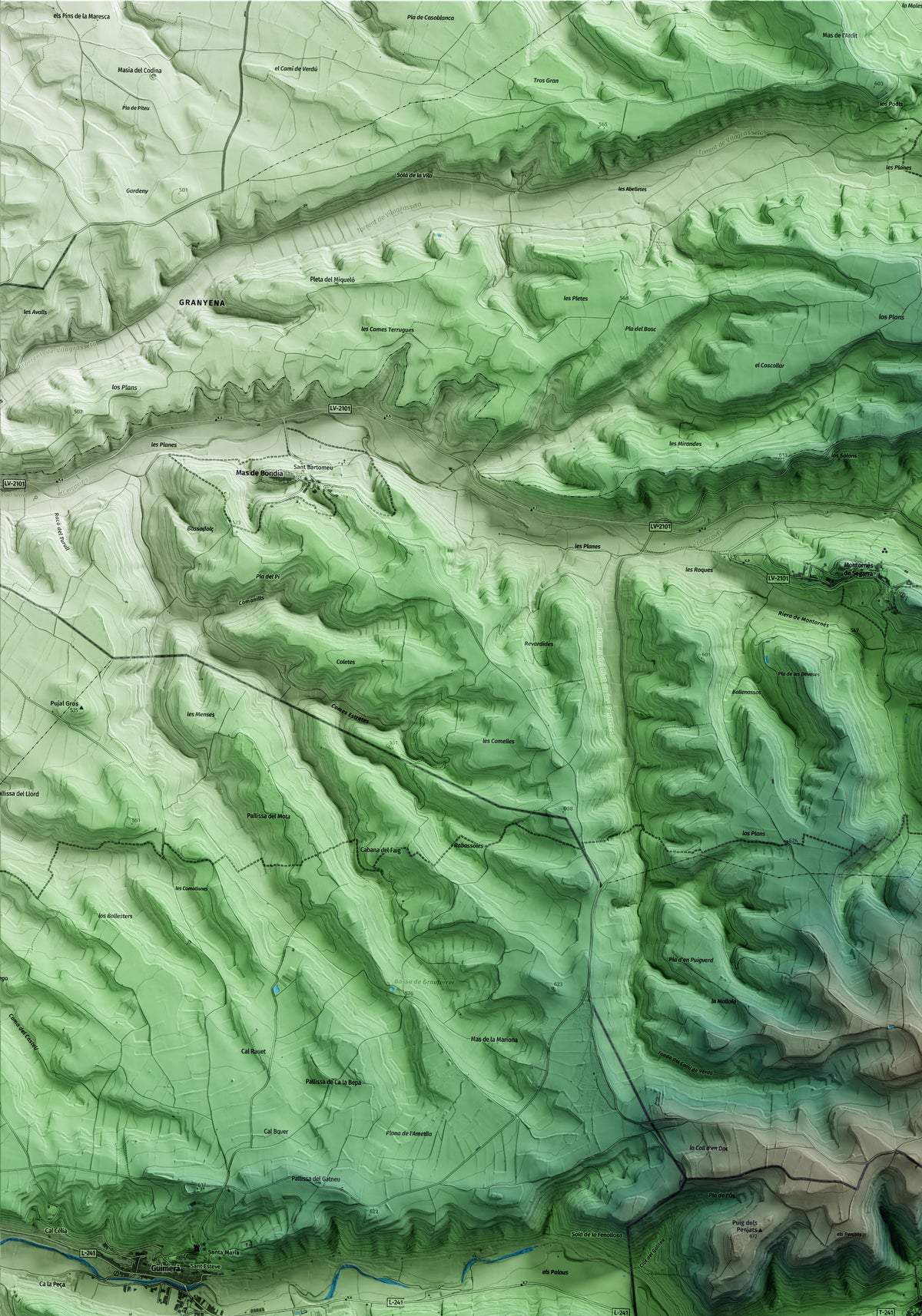 Mapa artístico del relieve de Vallfogona de Riucorb, a la Conca de Barberà, con 15 km de entorno y base topográfica ICGC. Detalle de la zona superior izquierda.