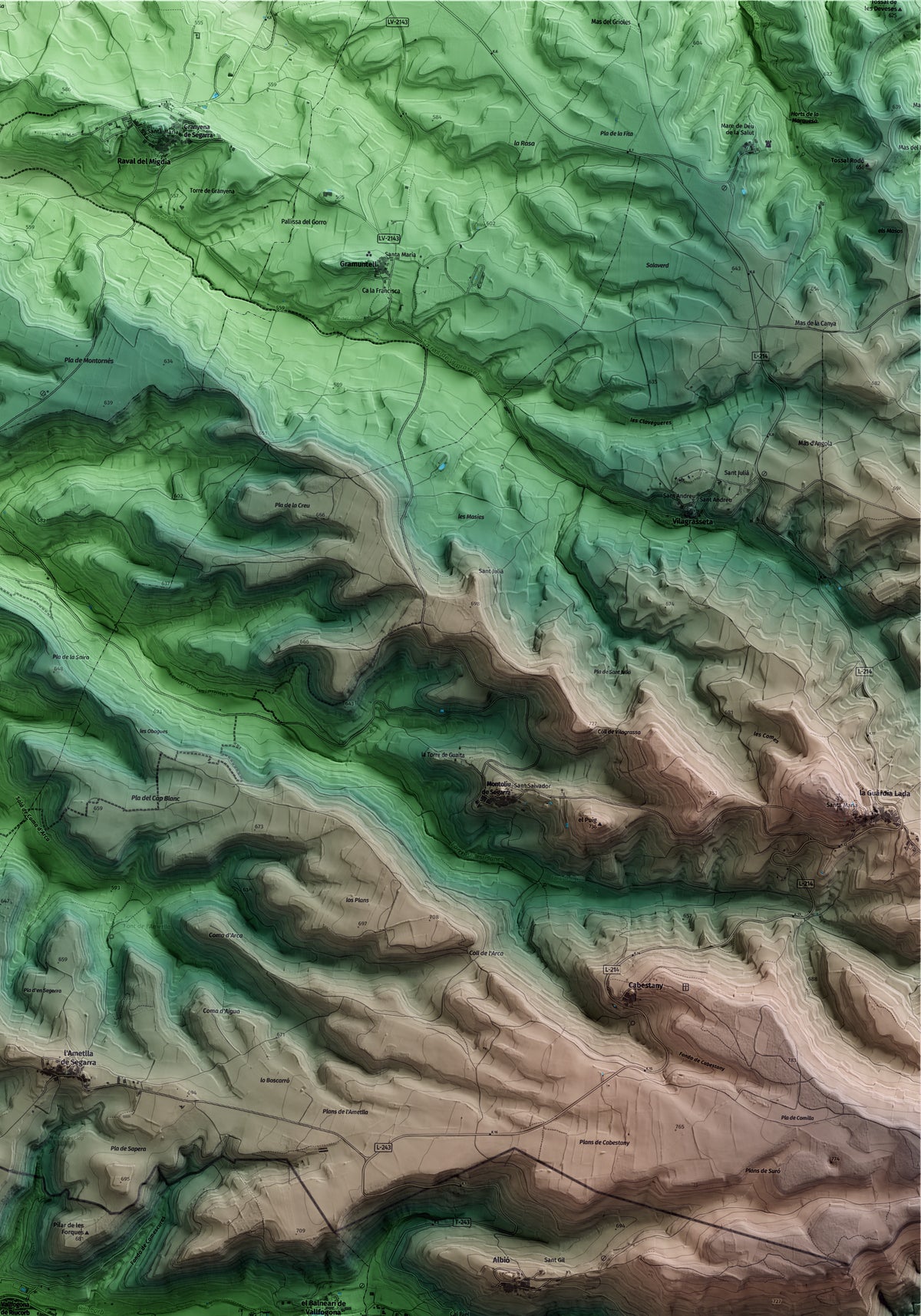 Mapa artístico del relieve de Vallfogona de Riucorb, a la Conca de Barberà, con 15 km de entorno y base topográfica ICGC. Detalle de la zona superior derecha.