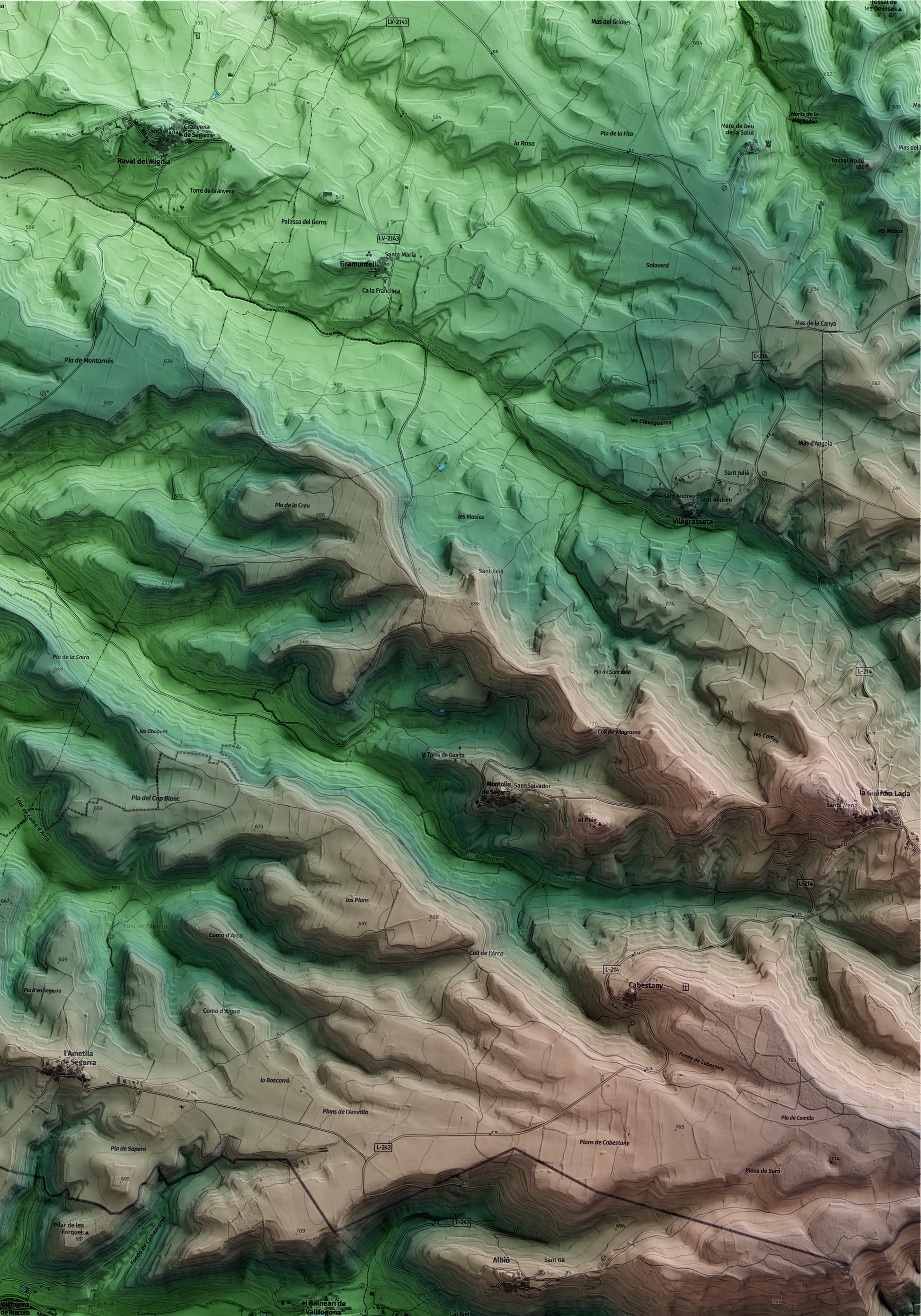 Mapa artístico del relieve de Vallfogona de Riucorb, a la Conca de Barberà, con 15 km de entorno y base topográfica ICGC. Detalle de la zona superior derecha.
