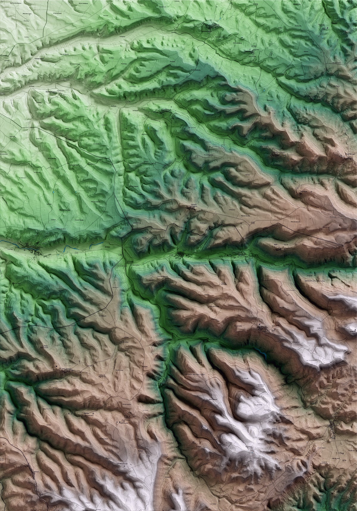 Mapa artístico del relieve de Vallfogona de Riucorb, a la Conca de Barberà, con 15 km de entorno y base topográfica ICGC