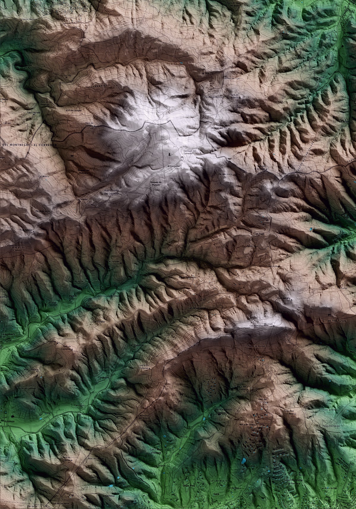 Mapa artístico del relieve de Vallgorguina, al Vallès Oriental, con 15 km de entorno y base topográfica ICGC. Detalle de la zona inferior izquierda.