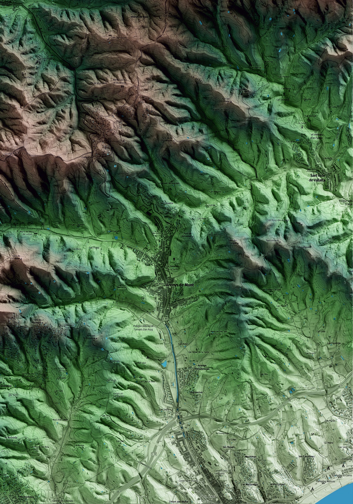 Mapa artístico del relieve de Vallgorguina, al Vallès Oriental, con 15 km de entorno y base topográfica ICGC. Detalle de la zona inferior derecha.