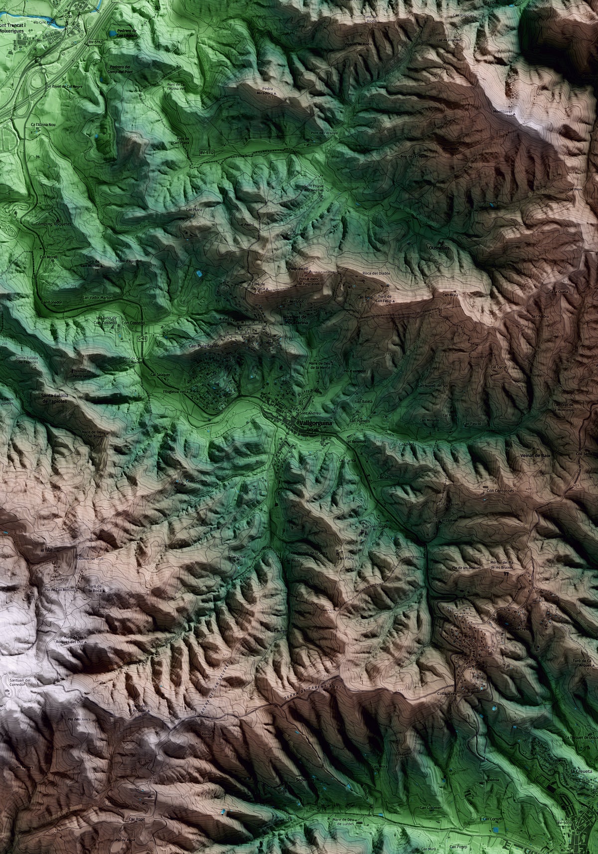 Mapa artístico del relieve de Vallgorguina, al Vallès Oriental, con 15 km de entorno y base topográfica ICGC. Detalle de la zona central.