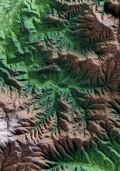 Mapa artístico del relieve de Vallgorguina, al Vallès Oriental, con 15 km de entorno y base topográfica ICGC. Detalle de la zona central.