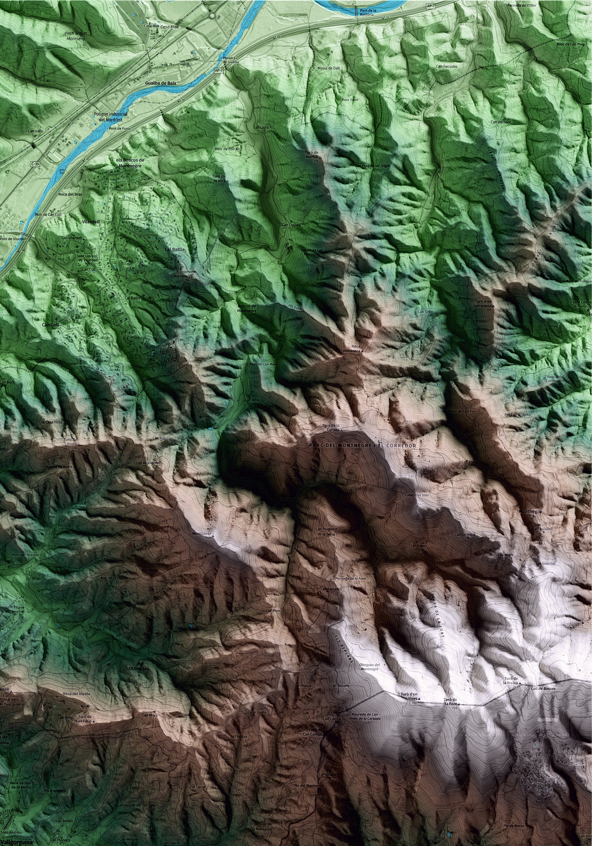 Mapa artístico del relieve de Vallgorguina, al Vallès Oriental, con 15 km de entorno y base topográfica ICGC. Detalle de la zona superior derecha.