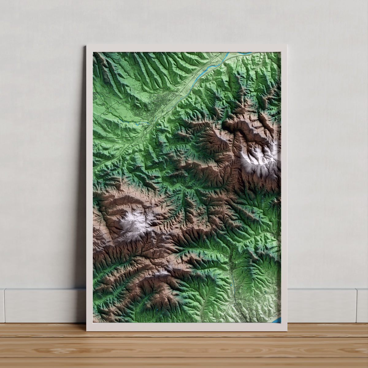 Mapa artístico del relieve de Vallgorguina, al Vallès Oriental, con 15 km de entorno y base topográfica ICGC. Presentación enmarcada.