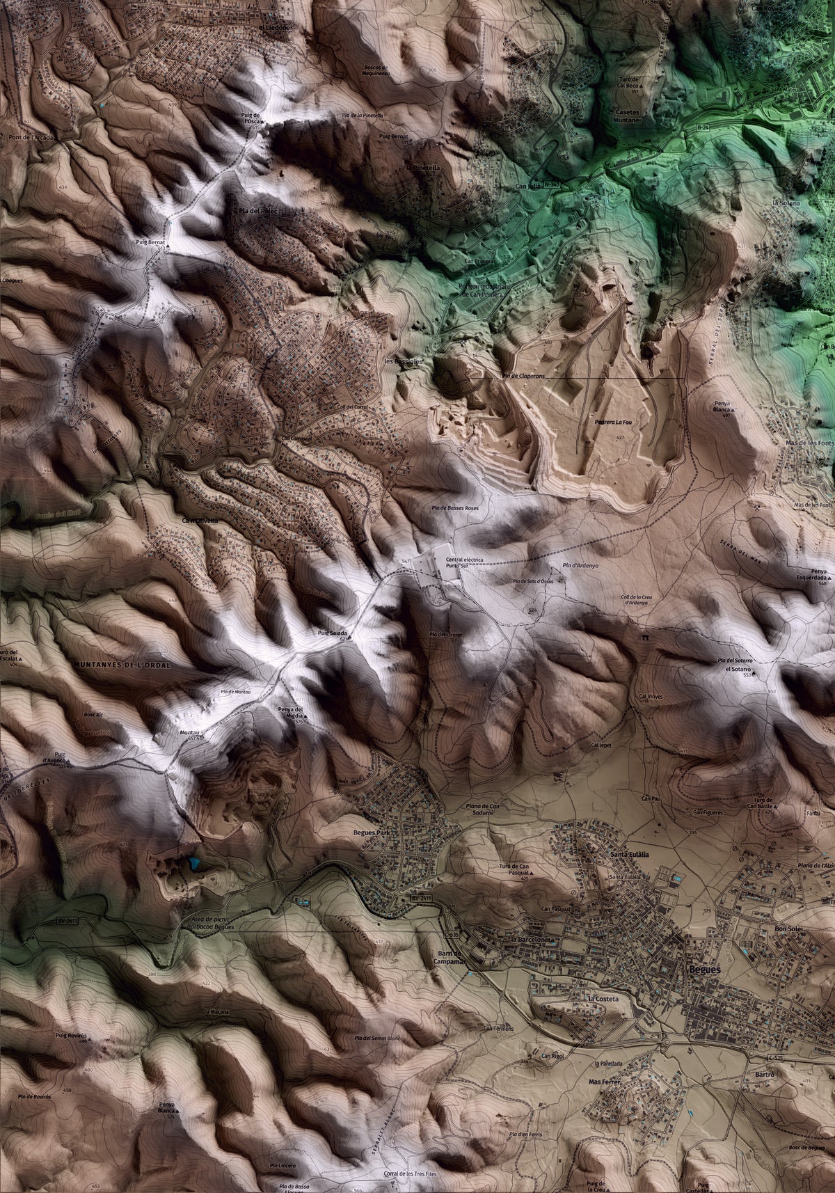 Mapa artístico del relieve de Vallirana, al Baix Llobregat, con 15 km de entorno y base topográfica ICGC. Detalle de la zona inferior izquierda.