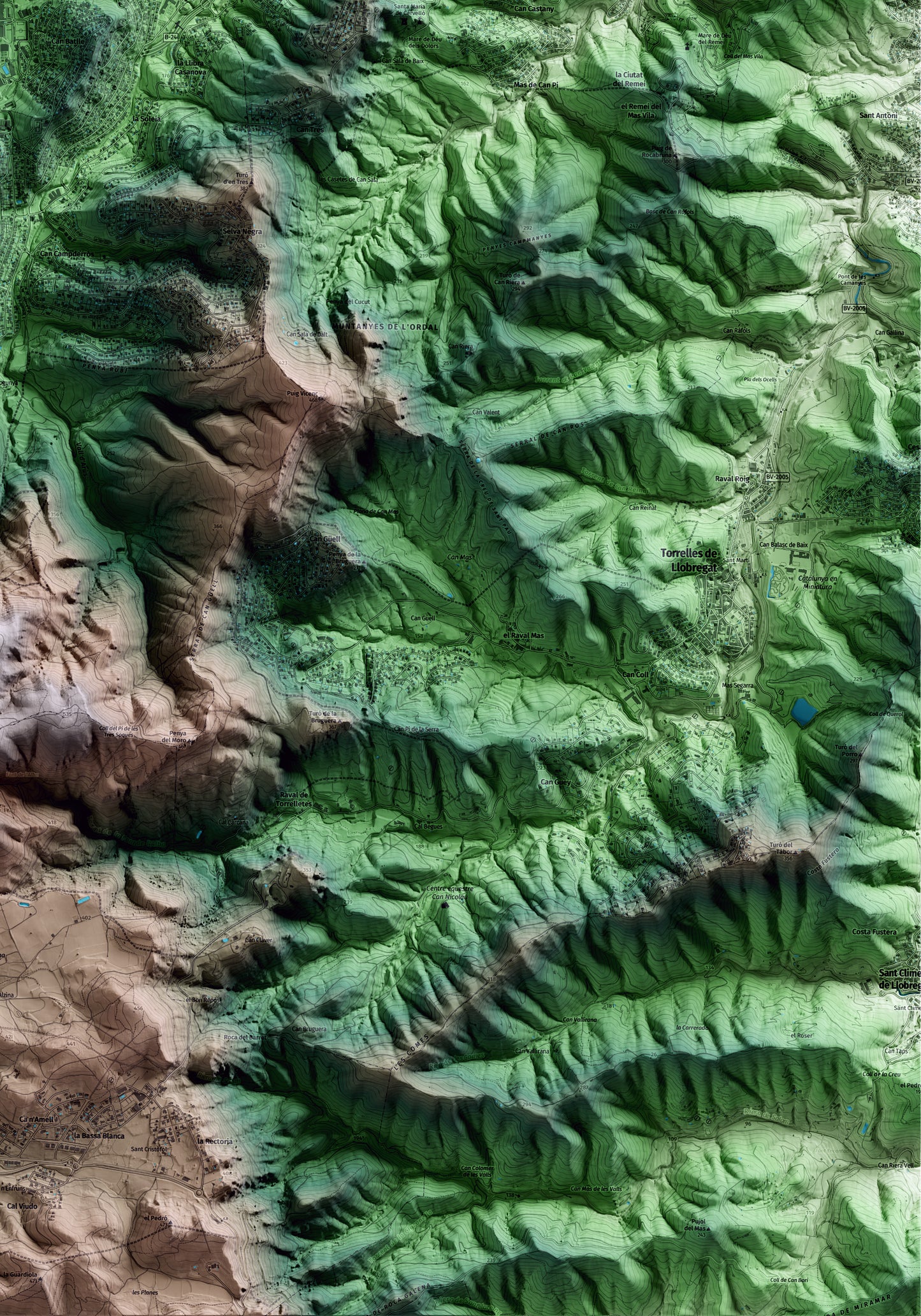 Mapa artístico del relieve de Vallirana, al Baix Llobregat, con 15 km de entorno y base topográfica ICGC. Detalle de la zona inferior derecha.