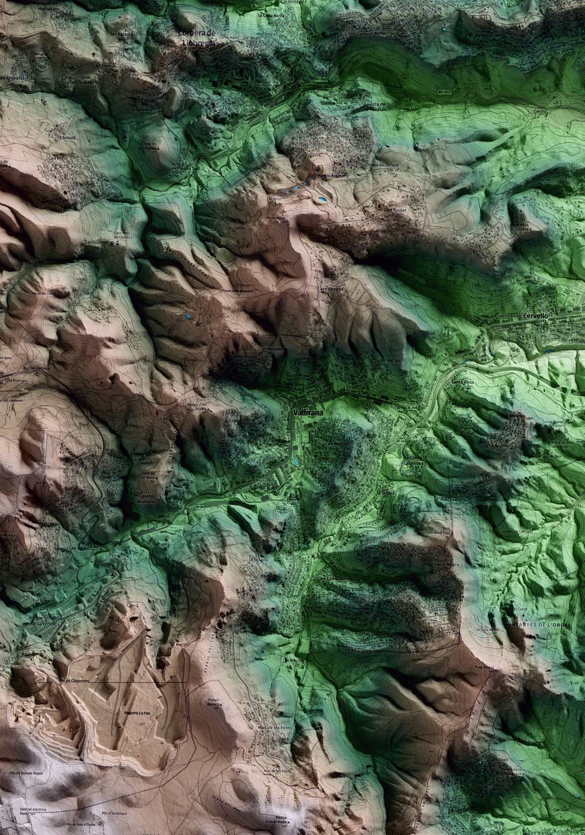 Mapa artístico del relieve de Vallirana, al Baix Llobregat, con 15 km de entorno y base topográfica ICGC. Detalle de la zona central.