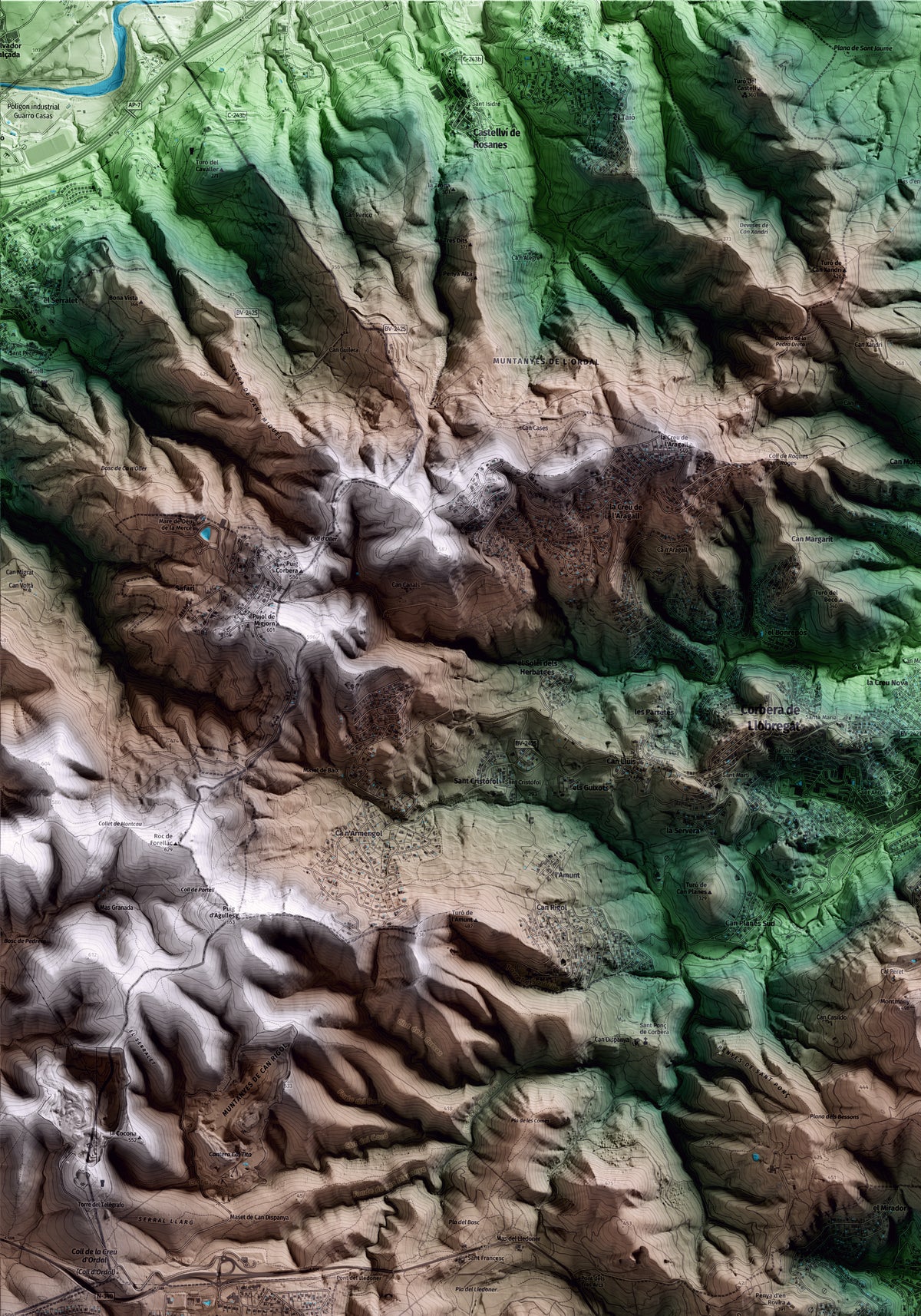 Mapa artístico del relieve de Vallirana, al Baix Llobregat, con 15 km de entorno y base topográfica ICGC. Detalle de la zona superior izquierda.
