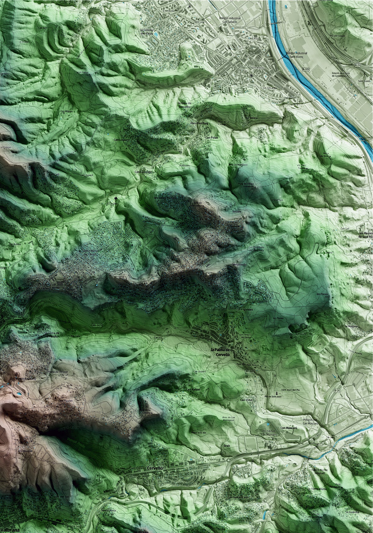 Mapa artístico del relieve de Vallirana, al Baix Llobregat, con 15 km de entorno y base topográfica ICGC. Detalle de la zona superior derecha.