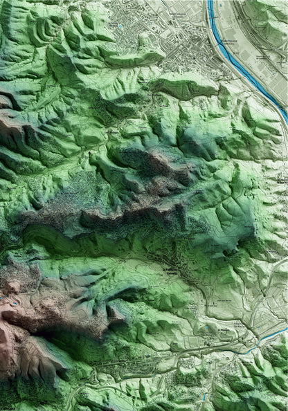 Mapa artístico del relieve de Vallirana, al Baix Llobregat, con 15 km de entorno y base topográfica ICGC. Detalle de la zona superior derecha.