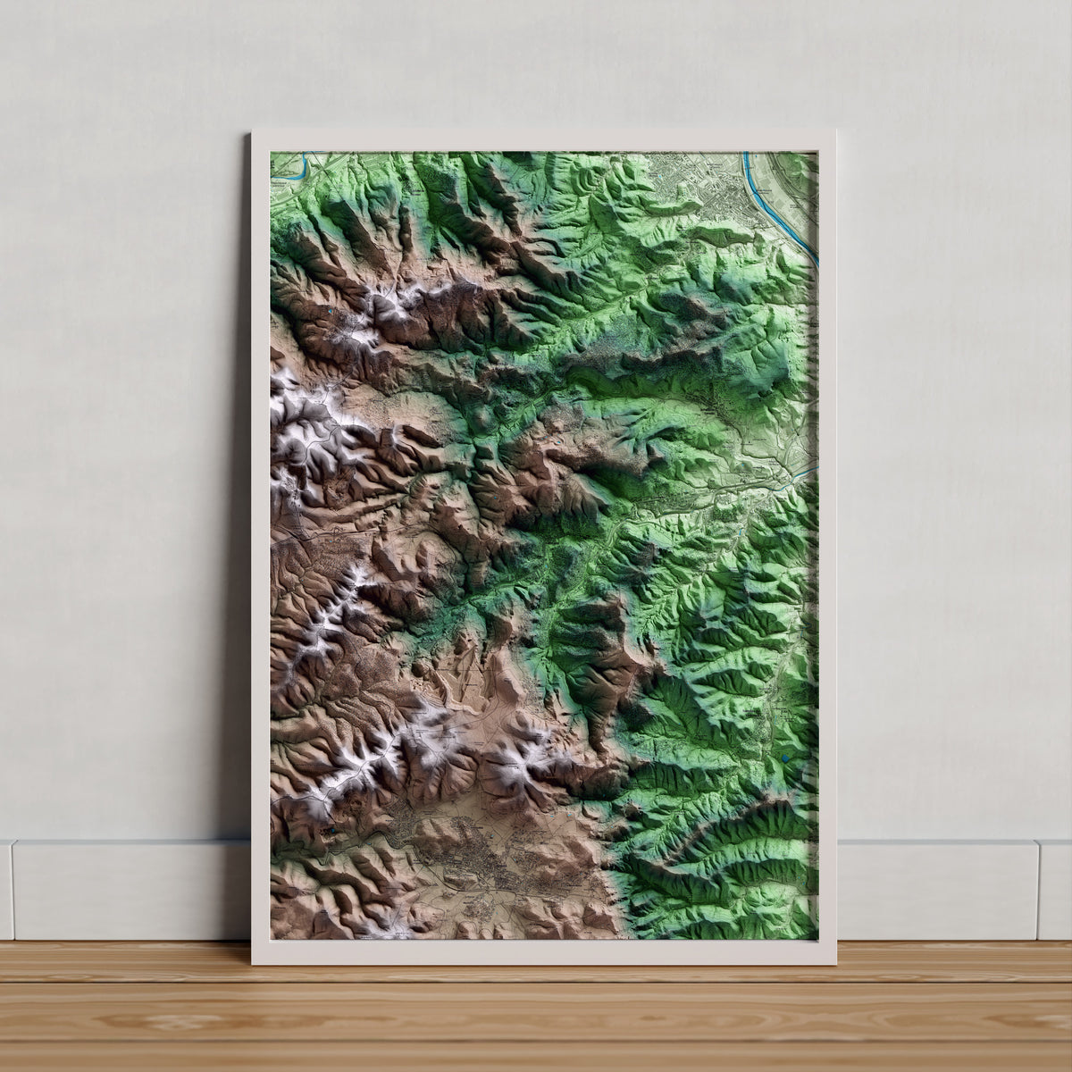 Mapa artístico del relieve de Vallirana, al Baix Llobregat, con 15 km de entorno y base topográfica ICGC. Presentación enmarcada.