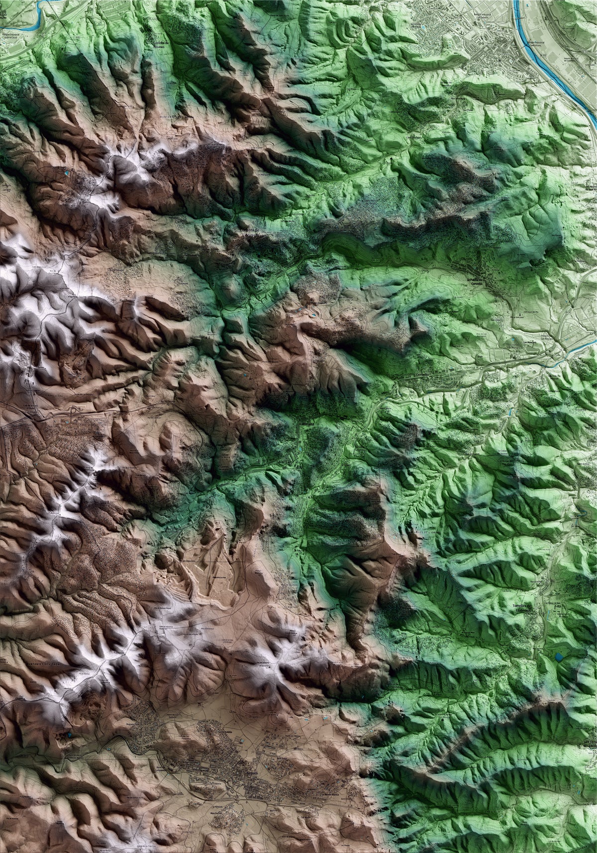 Mapa artístico del relieve de Vallirana, al Baix Llobregat, con 15 km de entorno y base topográfica ICGC
