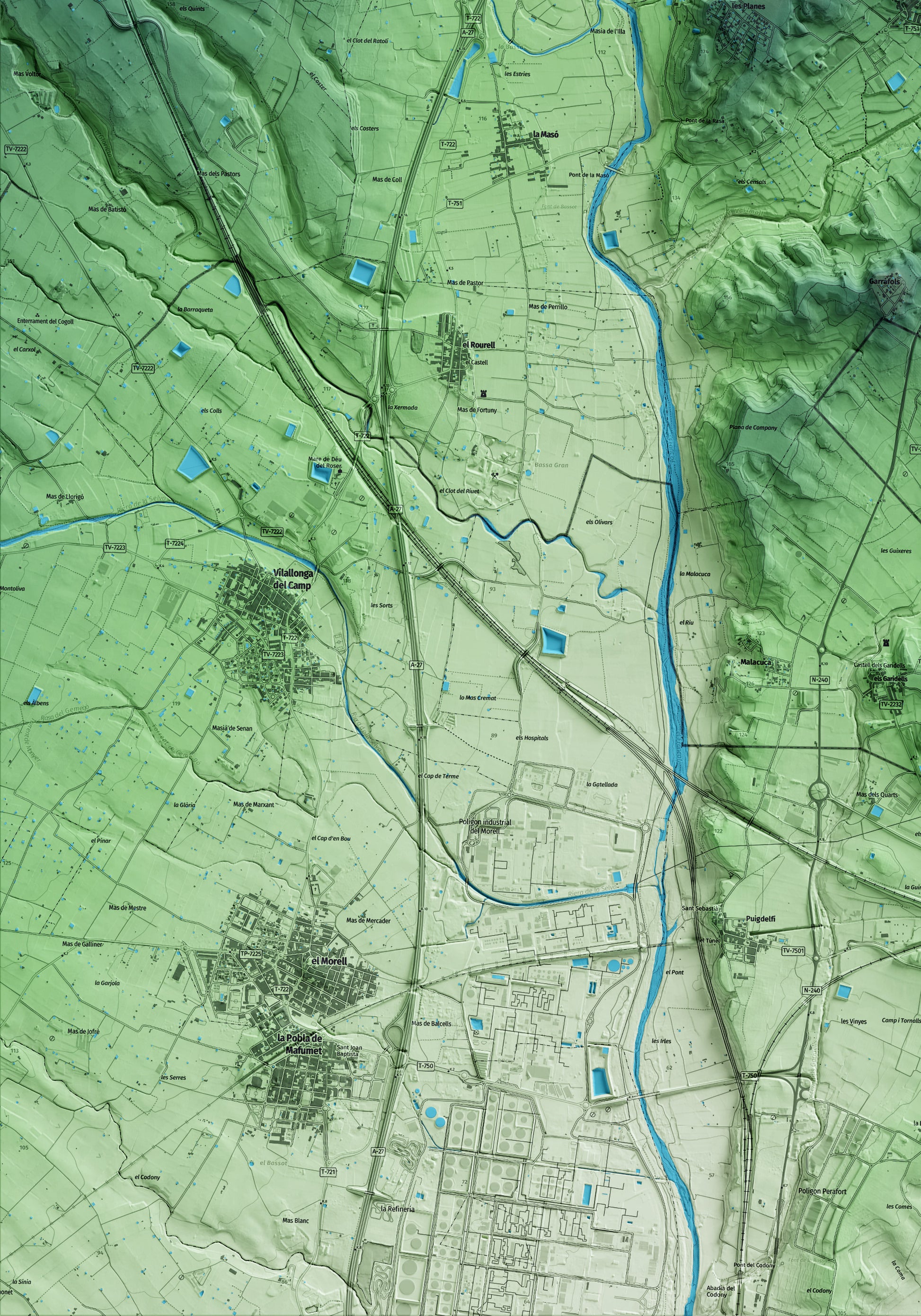 Mapa artístico del relieve de Vallmoll, al Alt Camp, con 15 km de entorno y base topográfica ICGC. Detalle de la zona inferior izquierda.