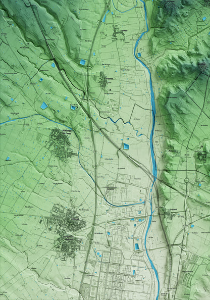 Mapa artístico del relieve de Vallmoll, al Alt Camp, con 15 km de entorno y base topográfica ICGC. Detalle de la zona inferior izquierda.