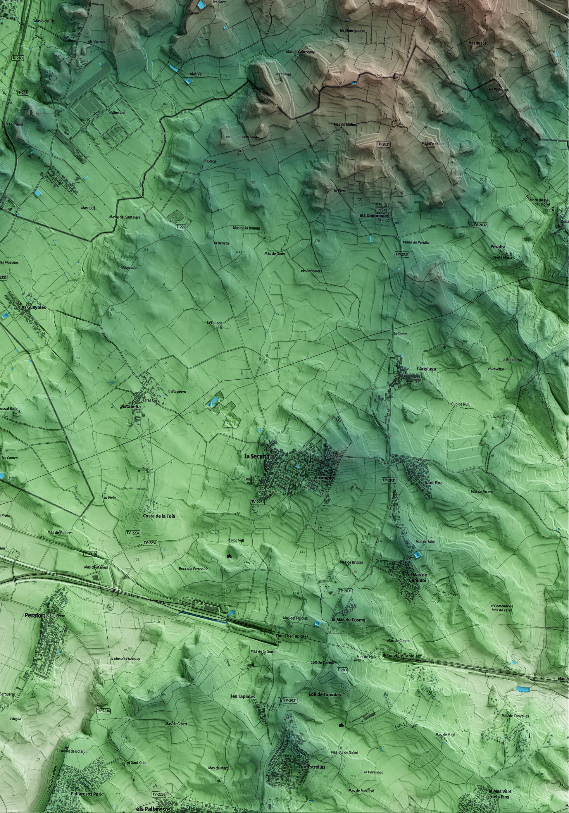 Mapa artístico del relieve de Vallmoll, al Alt Camp, con 15 km de entorno y base topográfica ICGC. Detalle de la zona inferior derecha.