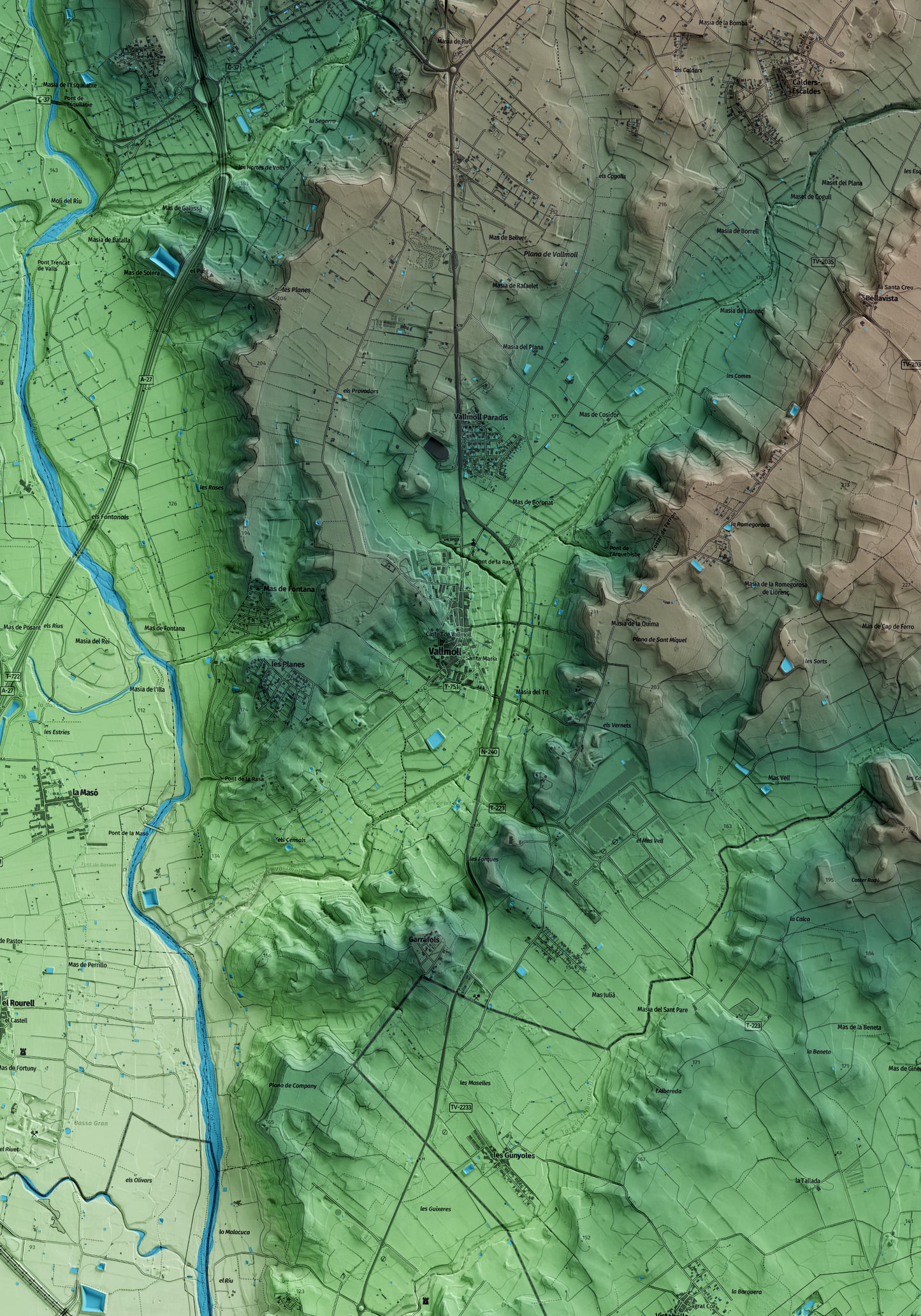 Mapa artístico del relieve de Vallmoll, al Alt Camp, con 15 km de entorno y base topográfica ICGC. Detalle de la zona central.