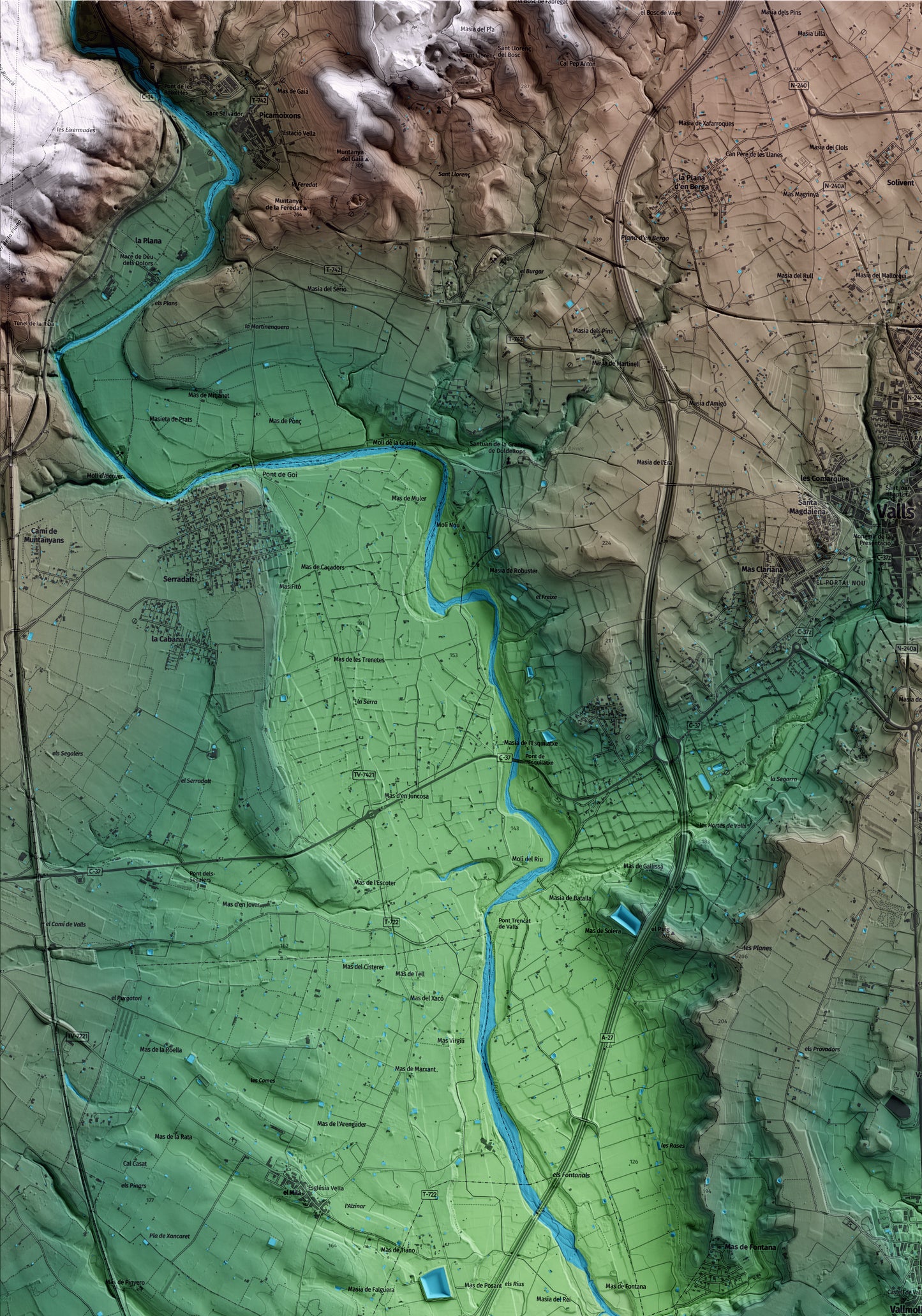 Mapa artístico del relieve de Vallmoll, al Alt Camp, con 15 km de entorno y base topográfica ICGC. Detalle de la zona superior izquierda.