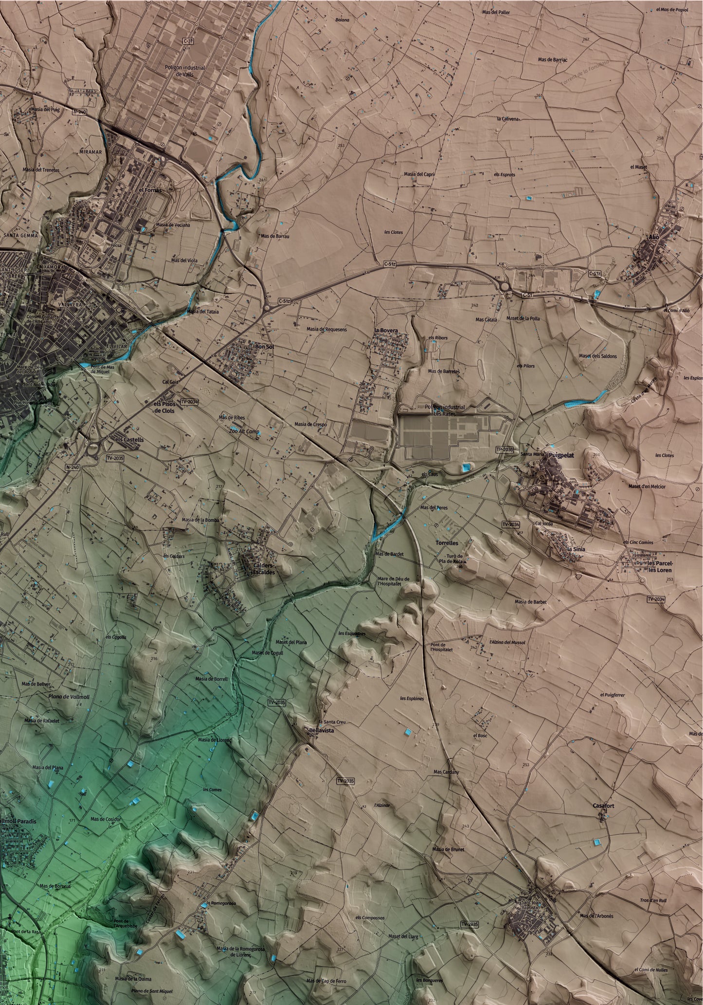 Mapa artístico del relieve de Vallmoll, al Alt Camp, con 15 km de entorno y base topográfica ICGC. Detalle de la zona superior derecha.