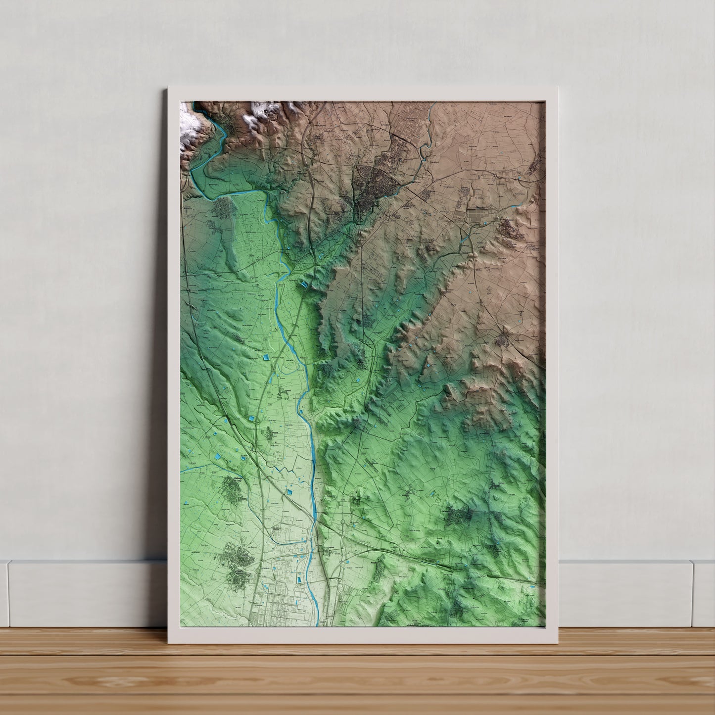 Mapa artístico del relieve de Vallmoll, al Alt Camp, con 15 km de entorno y base topográfica ICGC. Presentación enmarcada.
