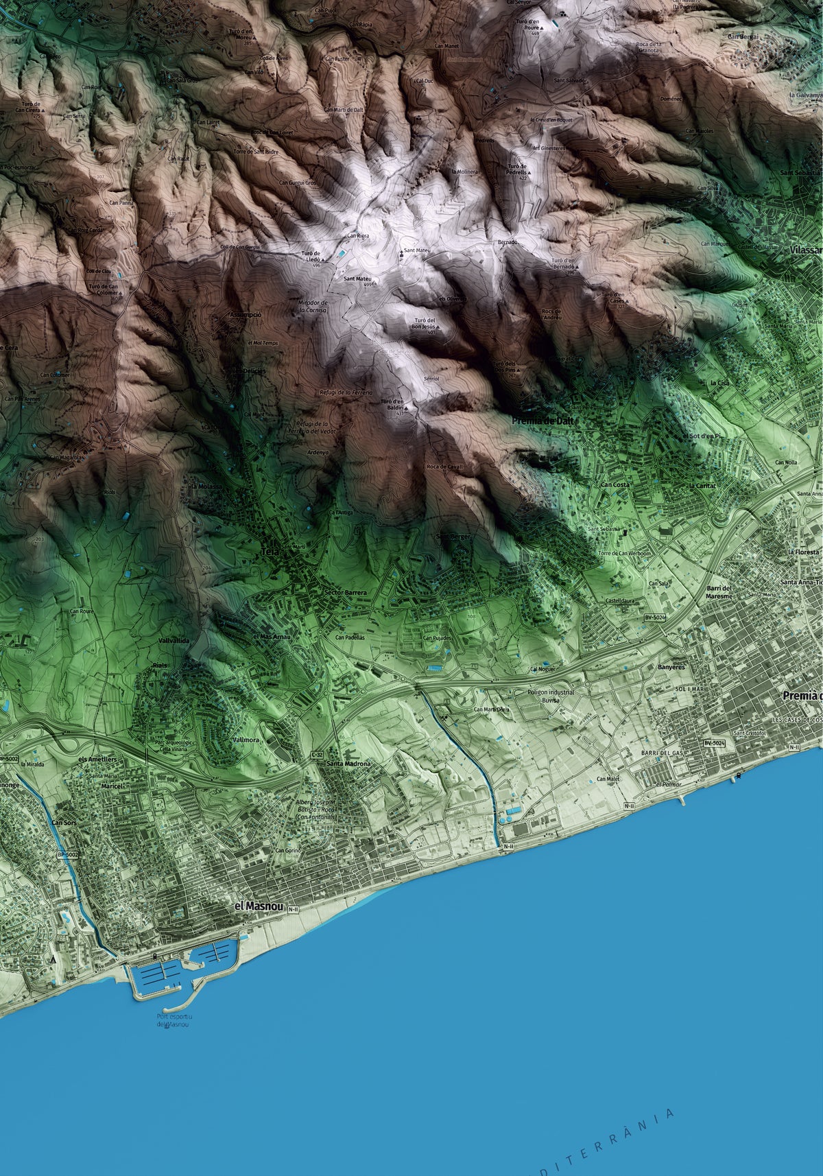Mapa artístico del relieve de Vallromanes, al Vallès Oriental, con 15 km de entorno y base topográfica ICGC. Detalle de la zona inferior derecha.