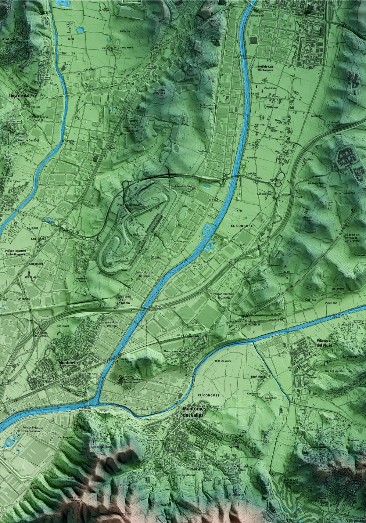 Mapa artístico del relieve de Vallromanes, al Vallès Oriental, con 15 km de entorno y base topográfica ICGC. Detalle de la zona superior izquierda.