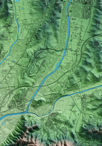 Mapa artístico del relieve de Vallromanes, al Vallès Oriental, con 15 km de entorno y base topográfica ICGC. Detalle de la zona superior izquierda.