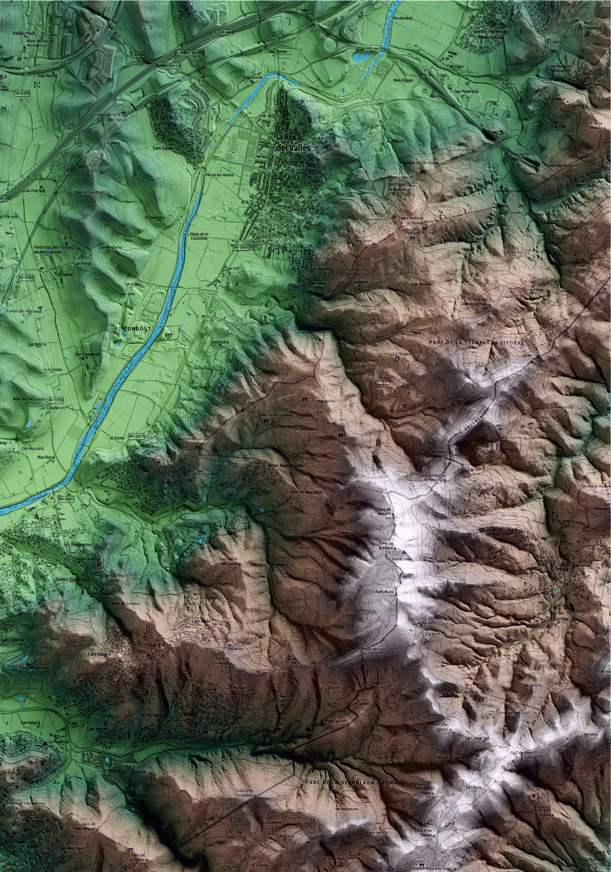Mapa artístico del relieve de Vallromanes, al Vallès Oriental, con 15 km de entorno y base topográfica ICGC. Detalle de la zona superior derecha.
