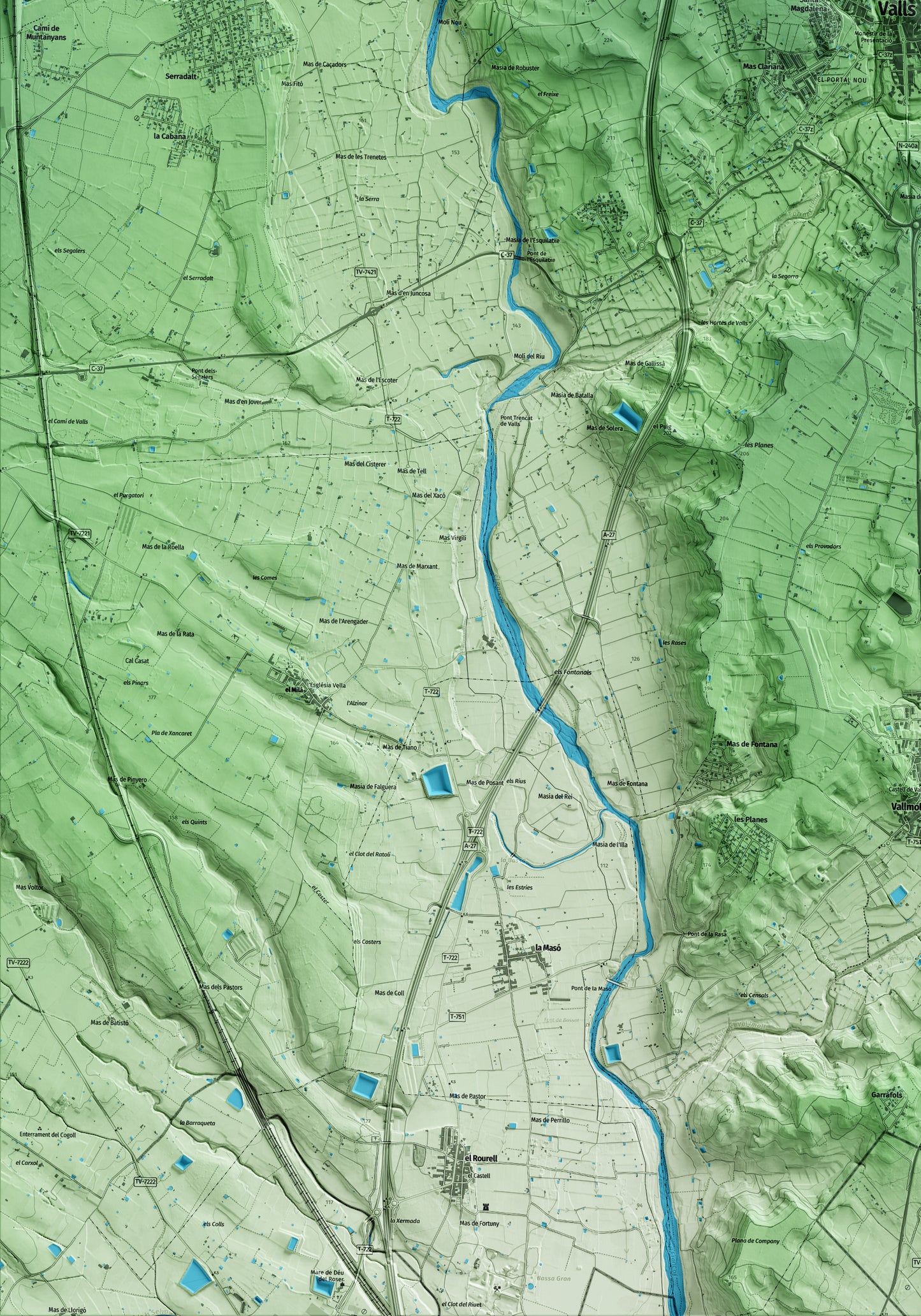 Mapa artístico del relieve de Valls, al Alt Camp, con 15 km de entorno y base topográfica ICGC. Detalle de la zona inferior izquierda.