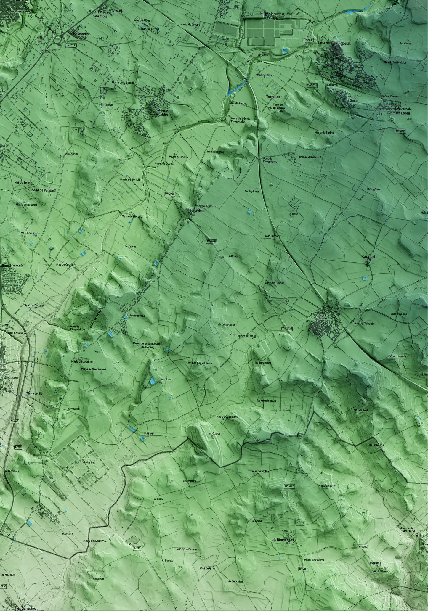 Mapa artístico del relieve de Valls, al Alt Camp, con 15 km de entorno y base topográfica ICGC. Detalle de la zona inferior derecha.