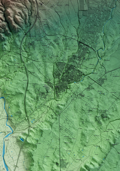 Mapa artístico del relieve de Valls, al Alt Camp, con 15 km de entorno y base topográfica ICGC. Detalle de la zona central.