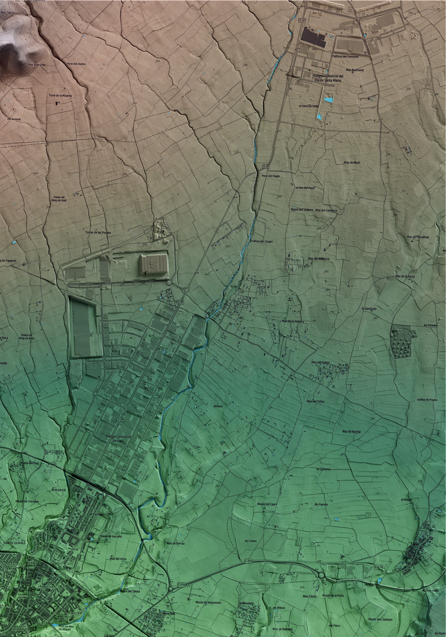 Mapa artístico del relieve de Valls, al Alt Camp, con 15 km de entorno y base topográfica ICGC. Detalle de la zona superior derecha.