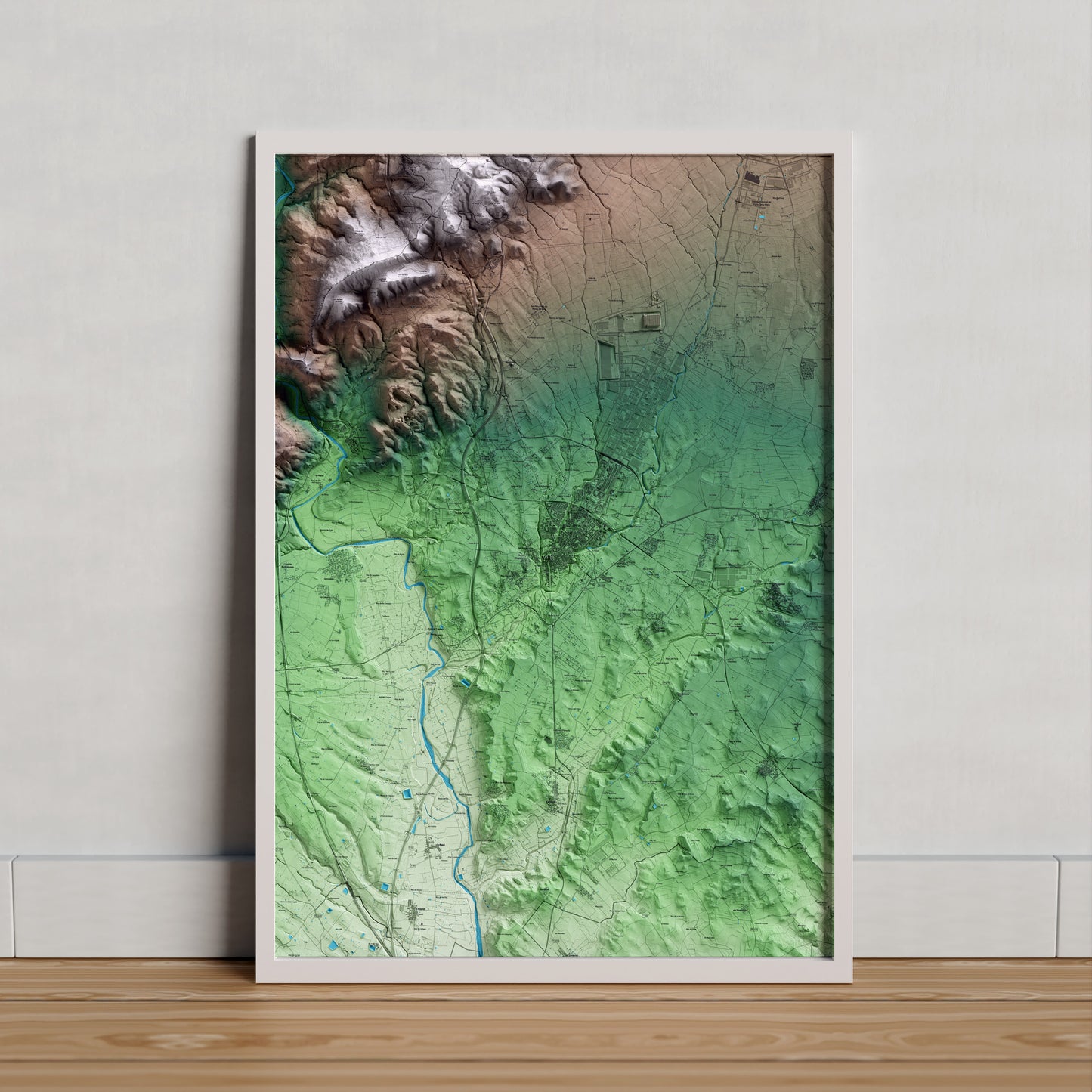 Mapa artístico del relieve de Valls, al Alt Camp, con 15 km de entorno y base topográfica ICGC. Presentación enmarcada.