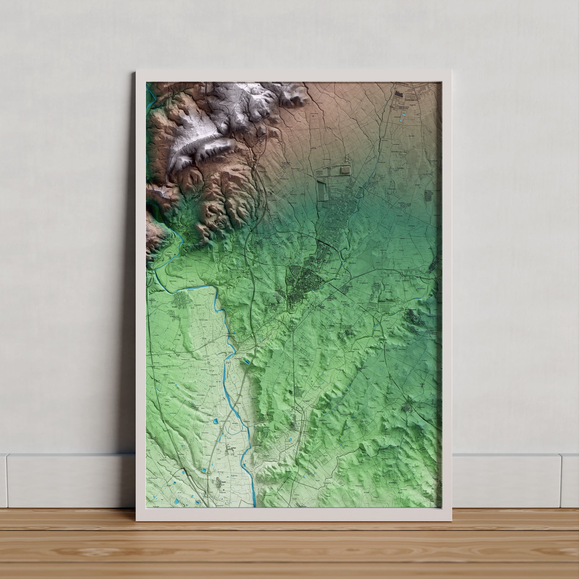 Mapa artístico del relieve de Valls, al Alt Camp, con 15 km de entorno y base topográfica ICGC. Presentación enmarcada.
