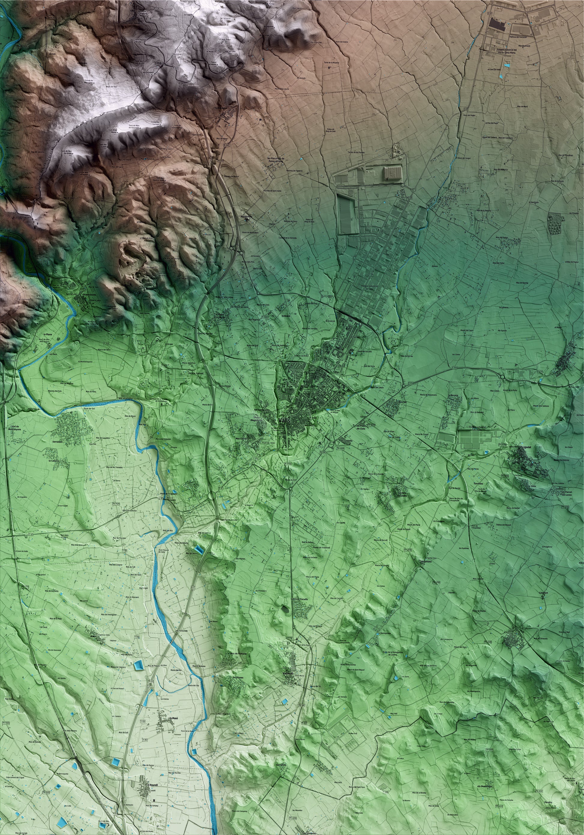 Mapa artístico del relieve de Valls, al Alt Camp, con 15 km de entorno y base topográfica ICGC