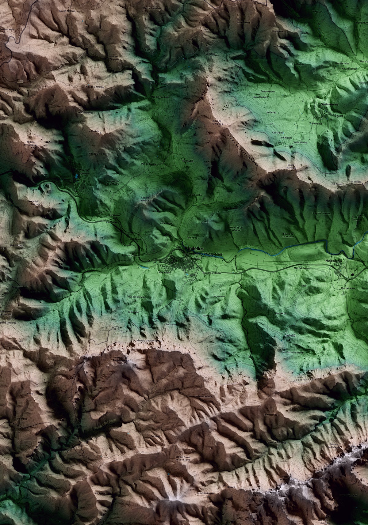 Mapa artístico del relieve de Vandellòs i l'Hospitalet de l'Infant, al Baix Camp, con 15 km de entorno y base topográfica ICGC. Detalle de la zona central.