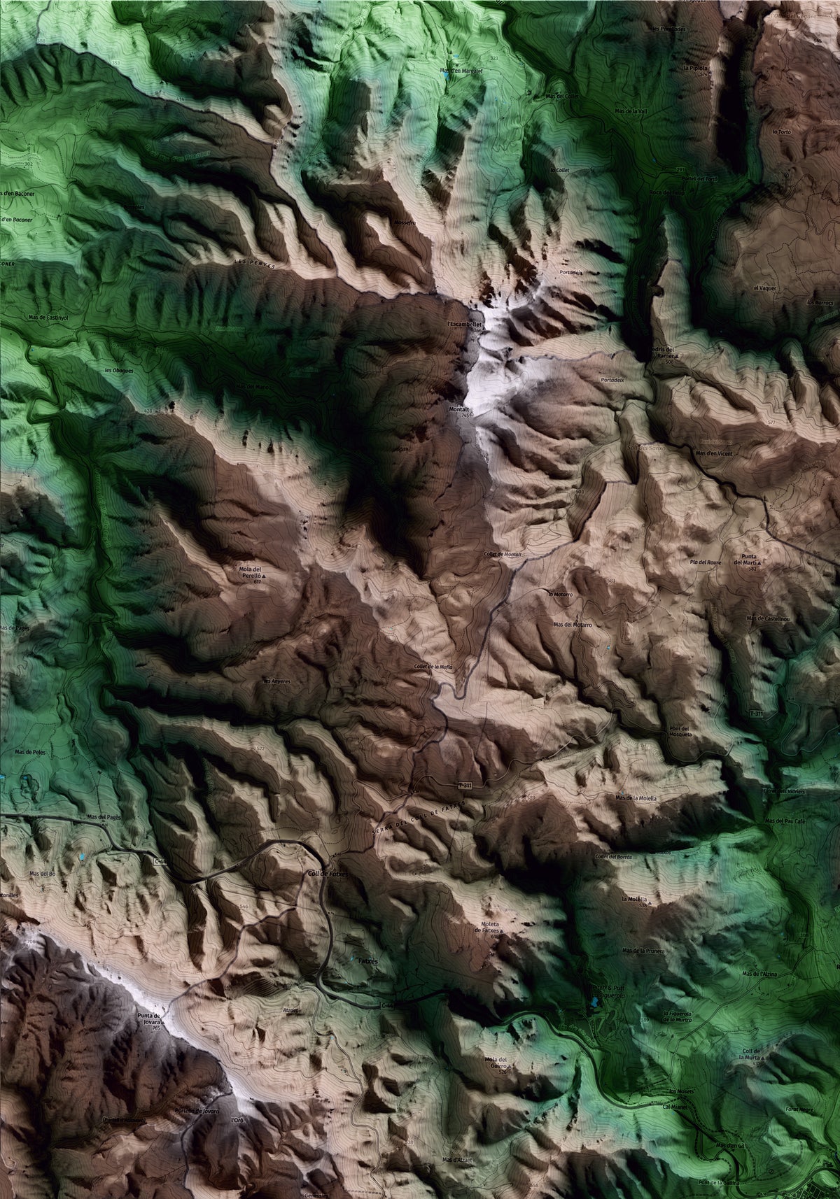 Mapa artístico del relieve de Vandellòs i l'Hospitalet de l'Infant, al Baix Camp, con 15 km de entorno y base topográfica ICGC. Detalle de la zona superior izquierda.