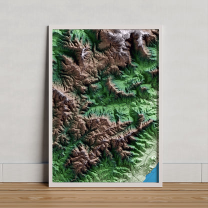 Mapa artístico del relieve de Vandellòs i l'Hospitalet de l'Infant, al Baix Camp, con 15 km de entorno y base topográfica ICGC. Presentación enmarcada.